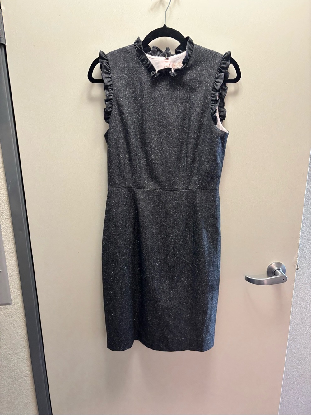Rebecca Taylor Wool/Silk  Charcoal Ruffle-Trim Sheath Dress